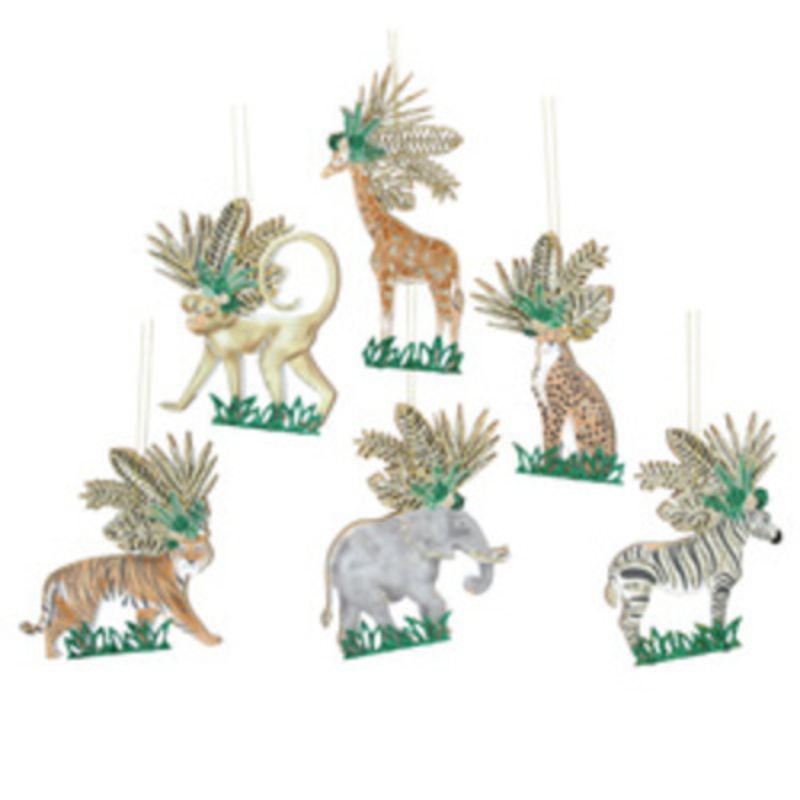 These wooden hanging jungle animals with glittered headdress come in 4 different designs.  Choose from Giraffe Monkey Leopard Tiger Elephant or Zebra .  These Christmas decorations are perfect for hanging on the Christmas Tree. Made by London based designer Gisela Graham who designs really beautiful and unusual Christmas decorations and gifts for your home.Ê Would suit any Christmas tree and would make a lovely Christmas gift.ÊThese are sold indivually. If you have a preference please state when ordering otherwise we will select a design for you. if you purchase 6 animals we will send you one of each design.